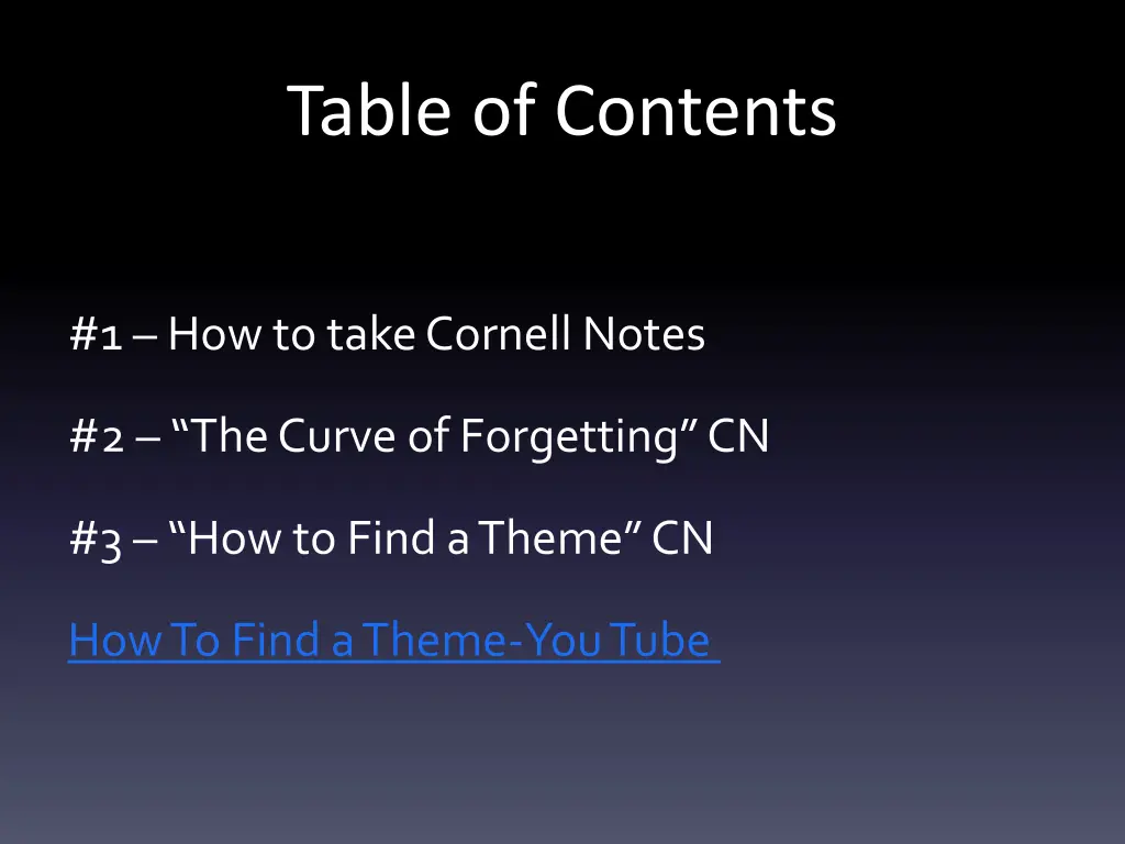 table of contents