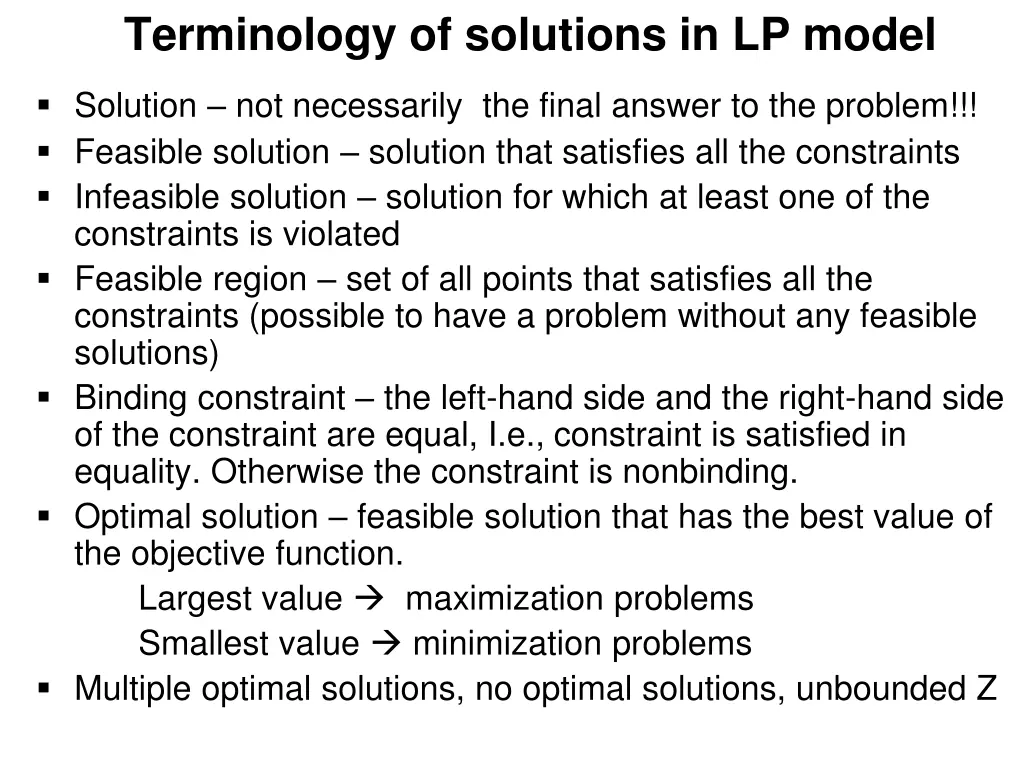 terminology of solutions in lp model