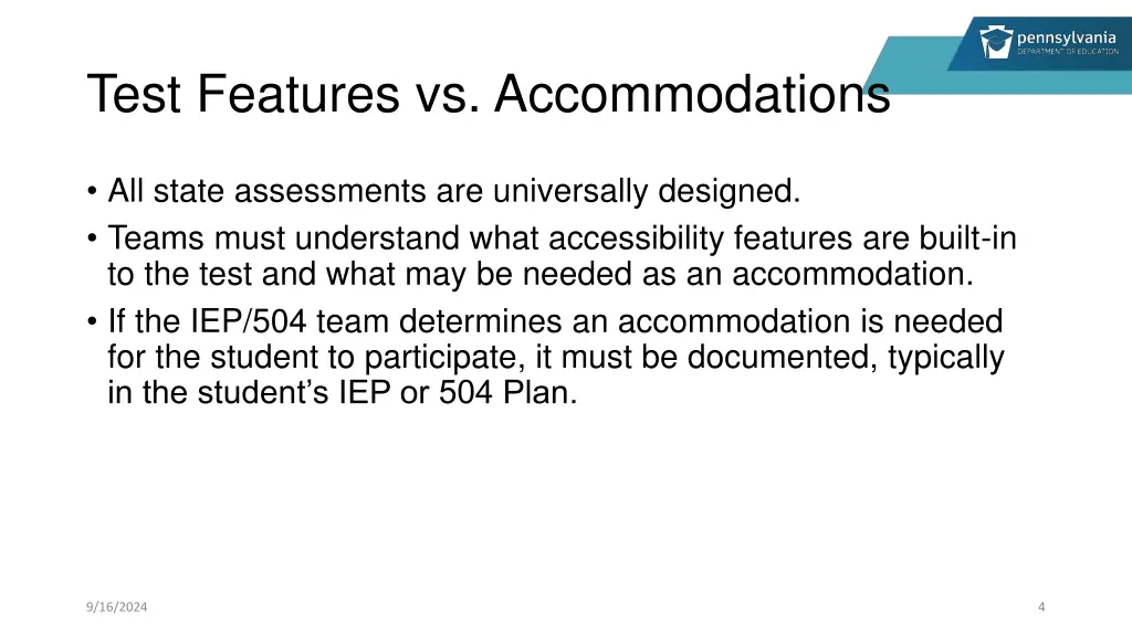 test features vs accommodations