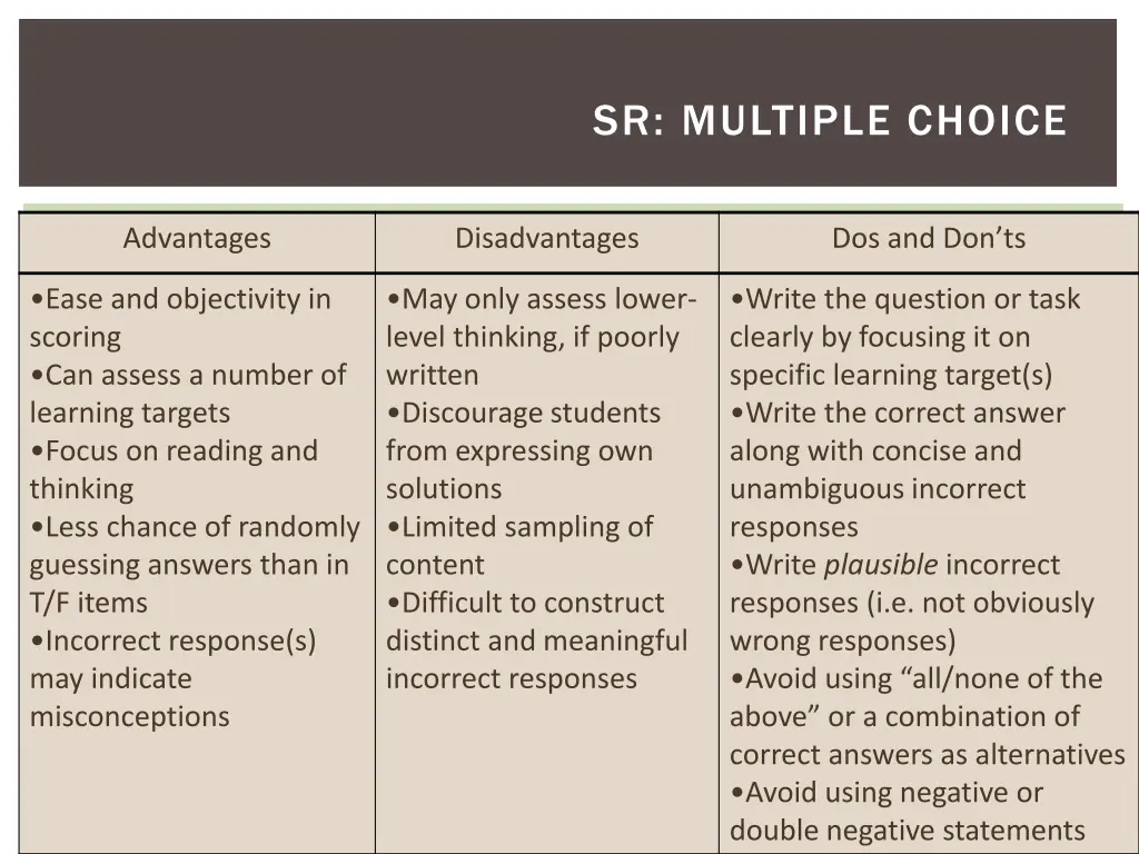 sr multiple choice