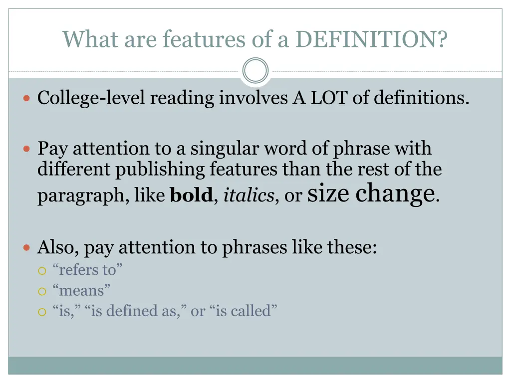 what are features of a definition