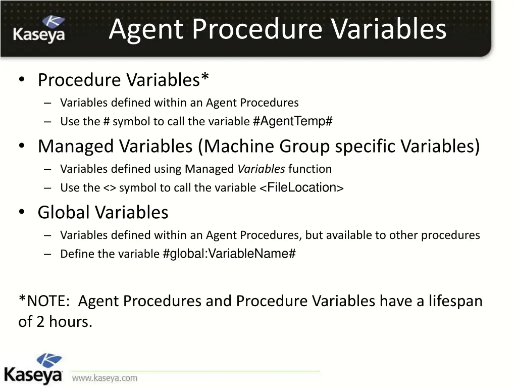 agent procedure variables