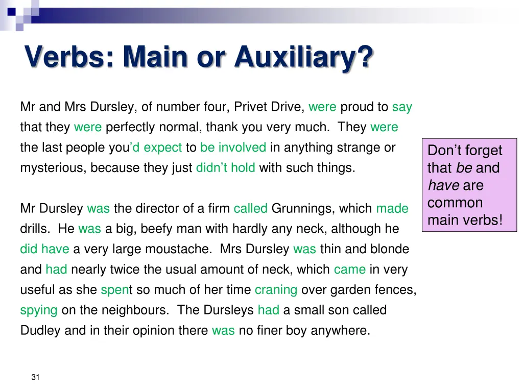 verbs main or auxiliary