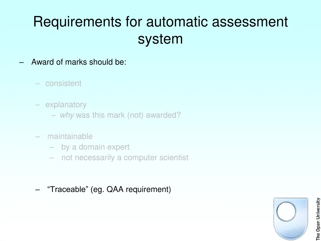 requirements for automatic assessment system 1