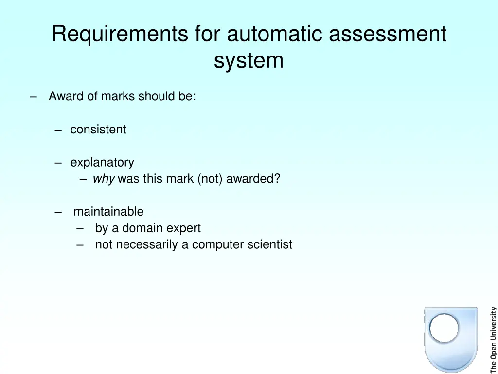 requirements for automatic assessment system