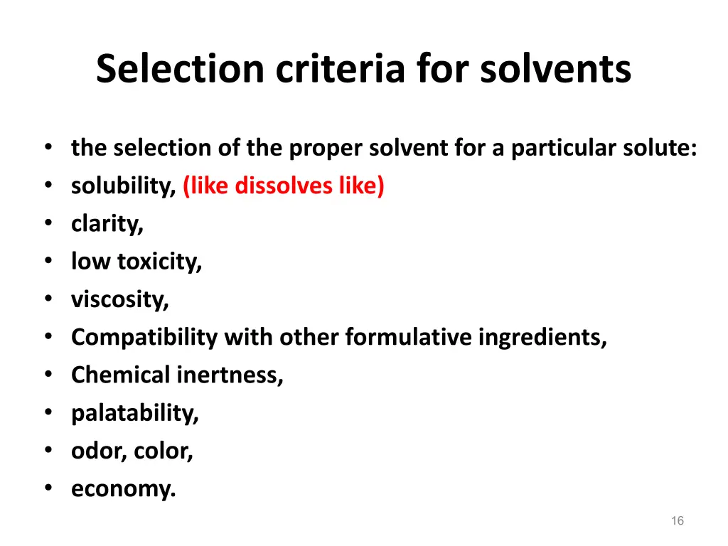 selection criteria for solvents