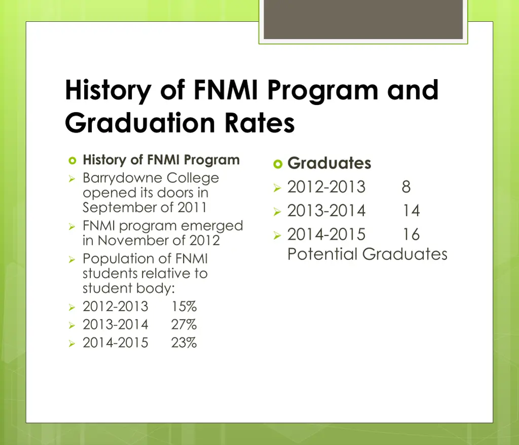 history of fnmi program and graduation rates