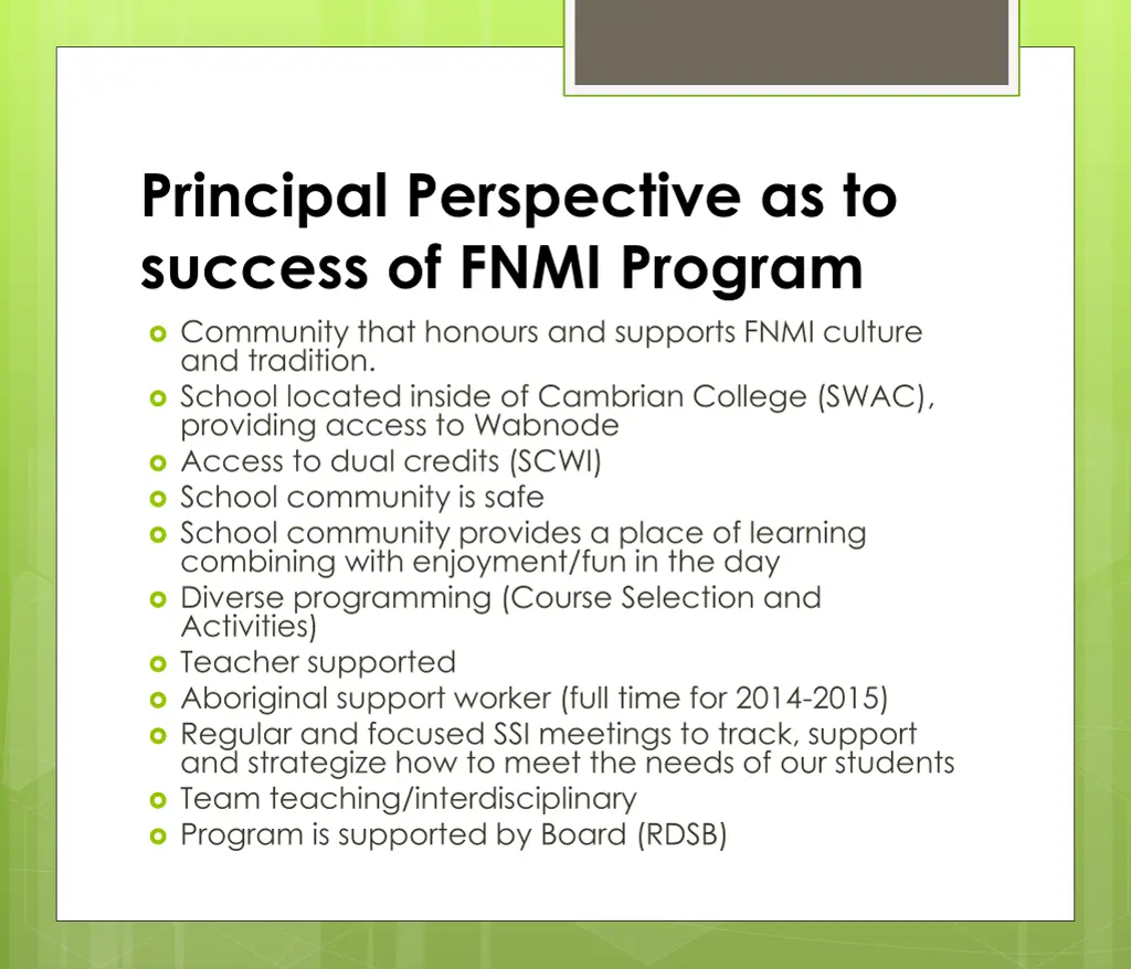 principal perspective as to success of fnmi