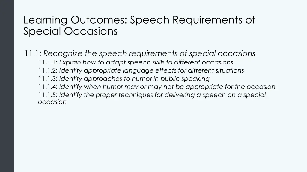 learning outcomes speech requirements of special