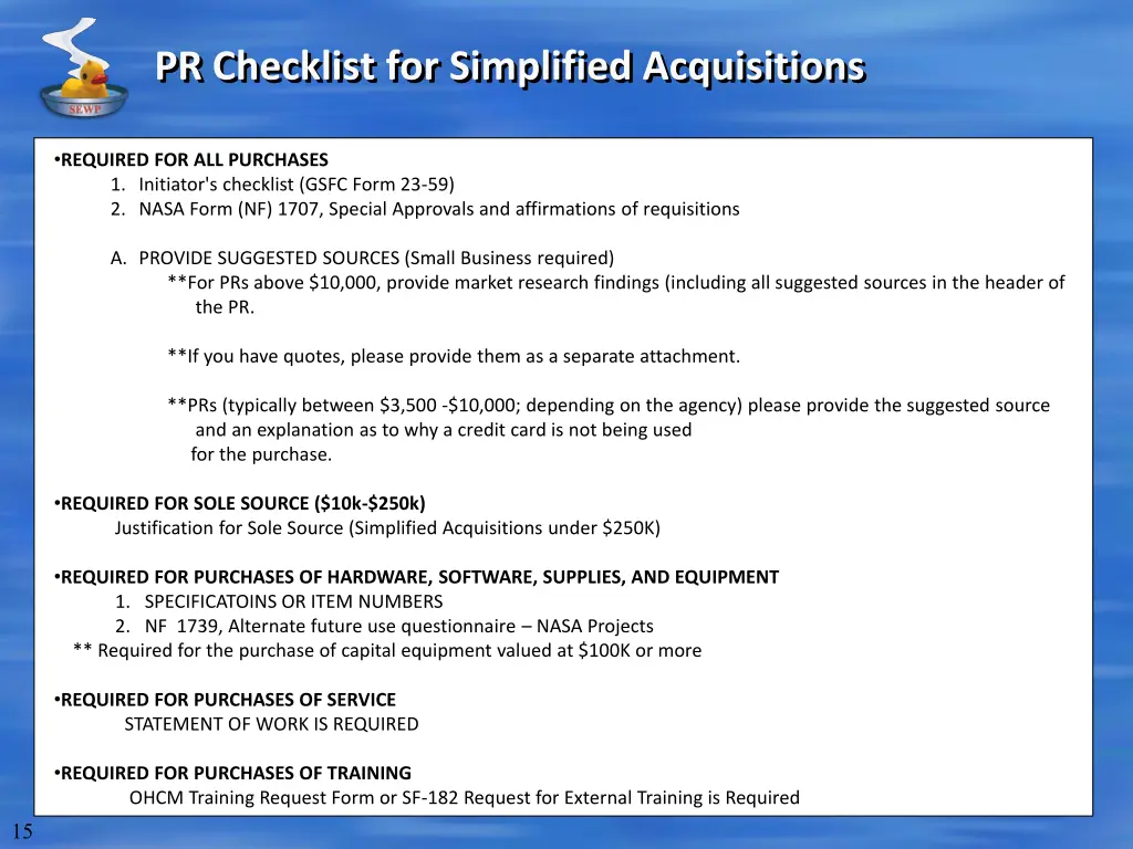 pr checklist for simplified acquisitions