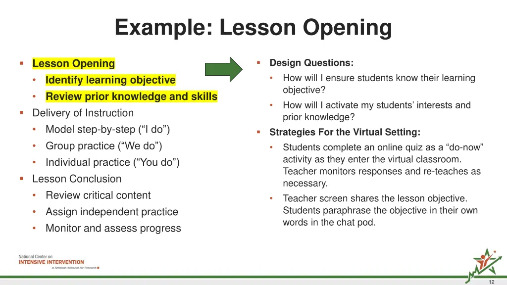 example lesson opening