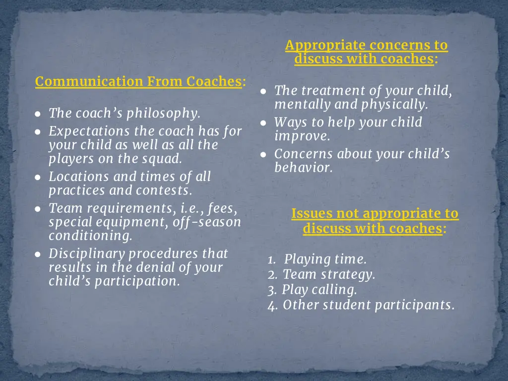 appropriate concerns to discuss with coaches