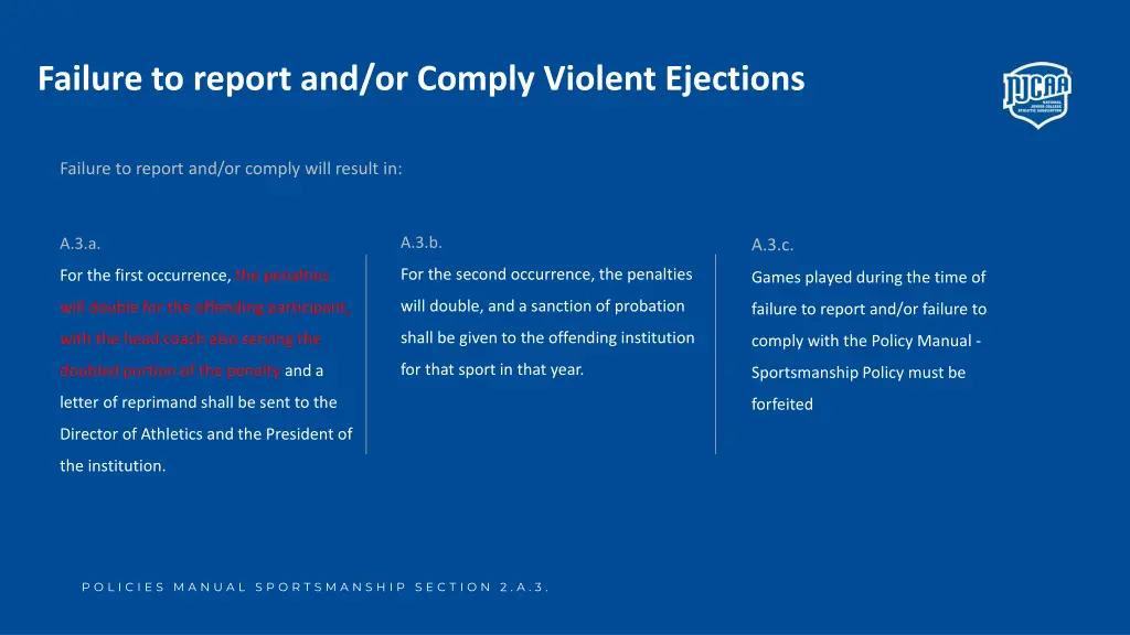 failure to report and or comply violent ejections