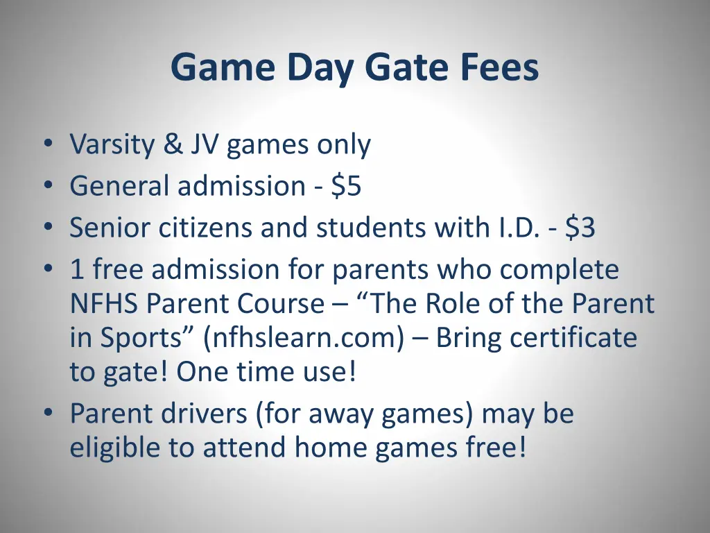 game day gate fees