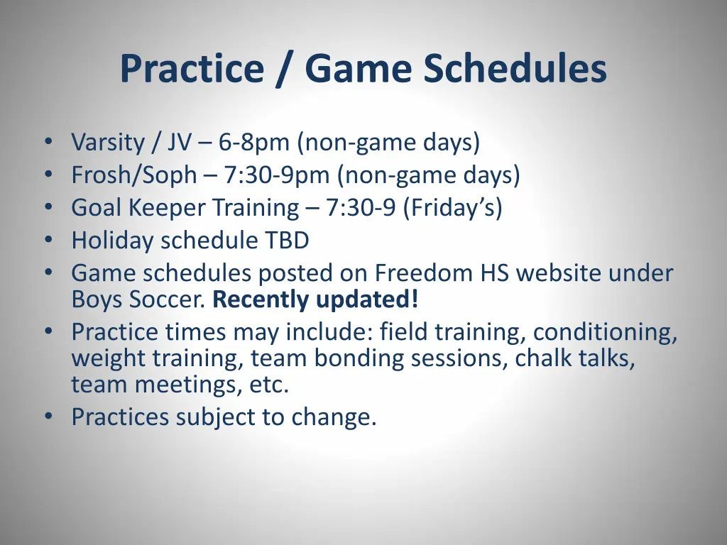 practice game schedules