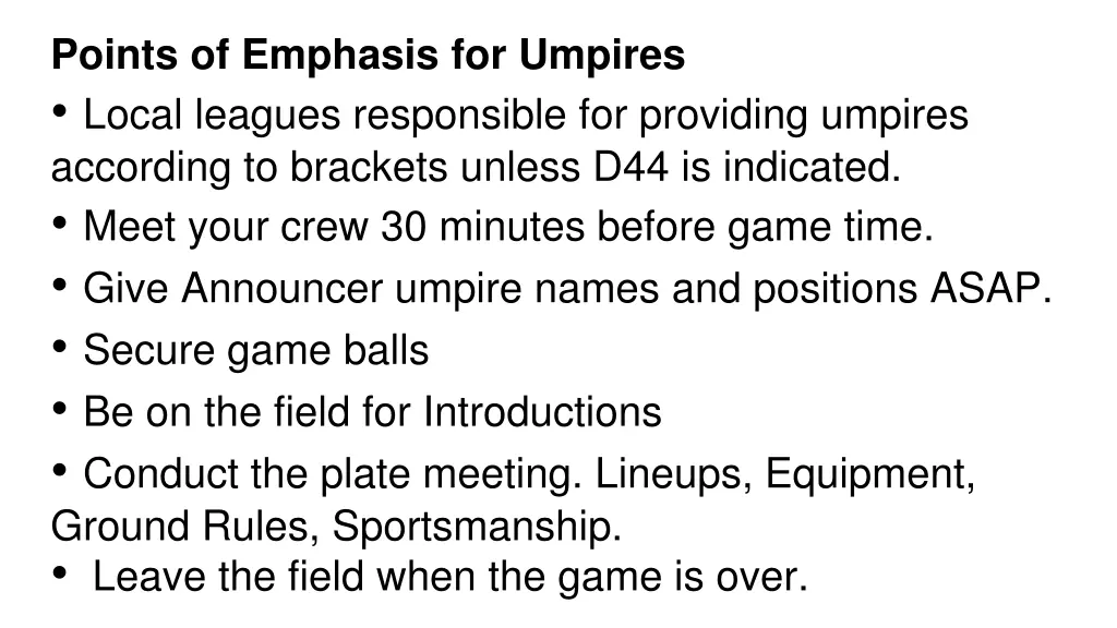 points of emphasis for umpires local leagues