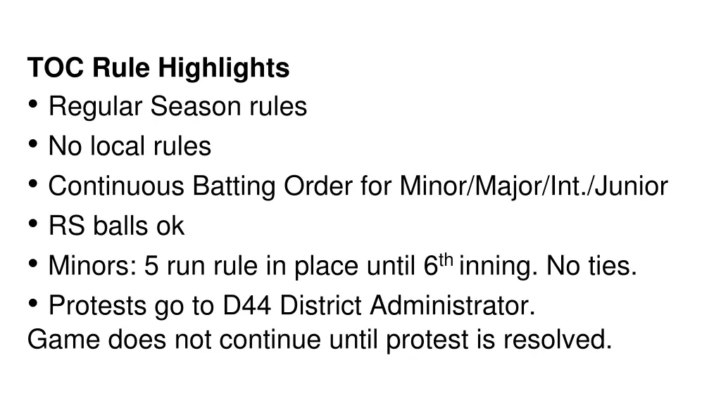 toc rule highlights regular season rules no local