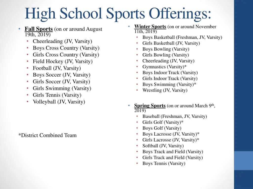 high school sports offerings