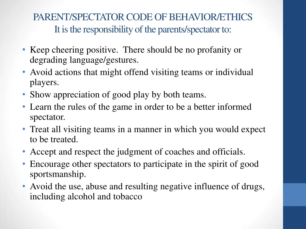 parent spectator code of behavior ethics