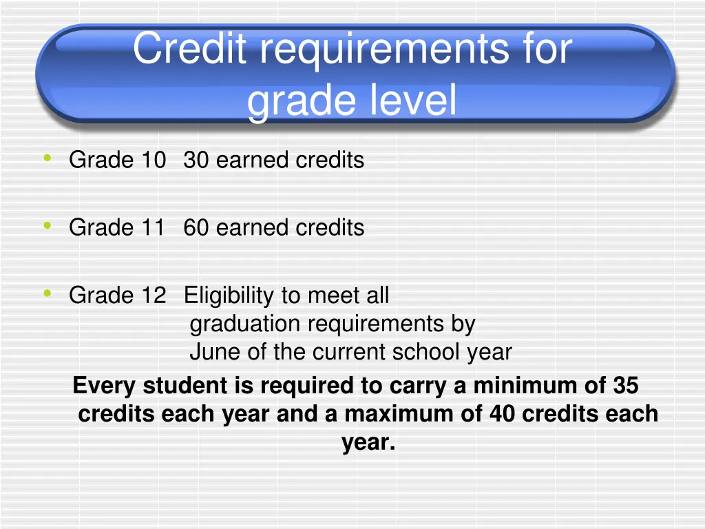 credit requirements for grade level