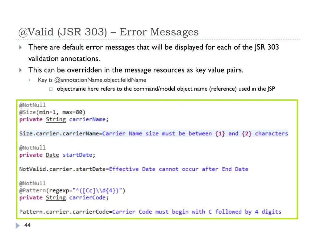 @valid jsr 303 error messages