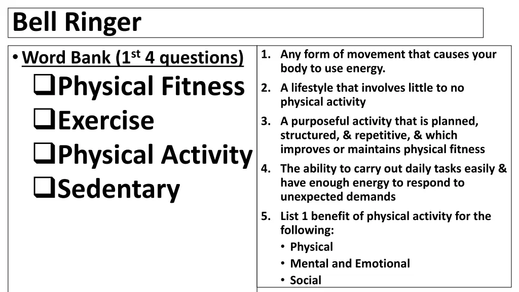 bell ringer word bank 1 st 4 questions physical