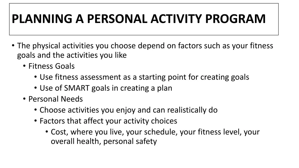 planning a personal activity program