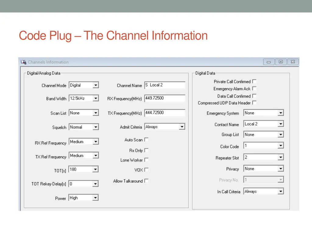 code plug the channel information 1