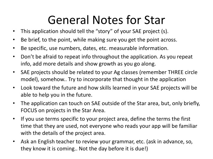 general notes for star this application should