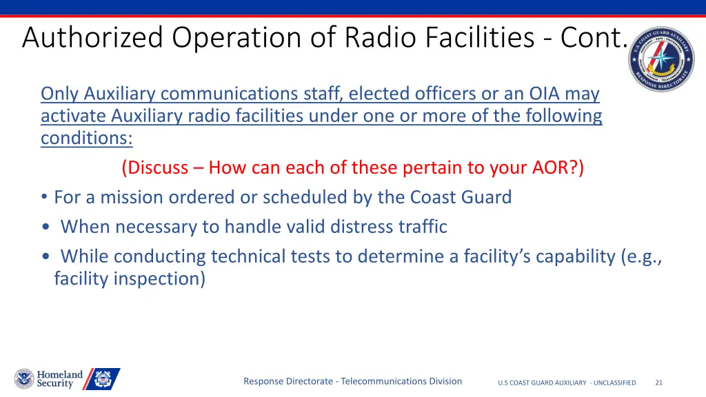 authorized operation of radio facilities cont 1