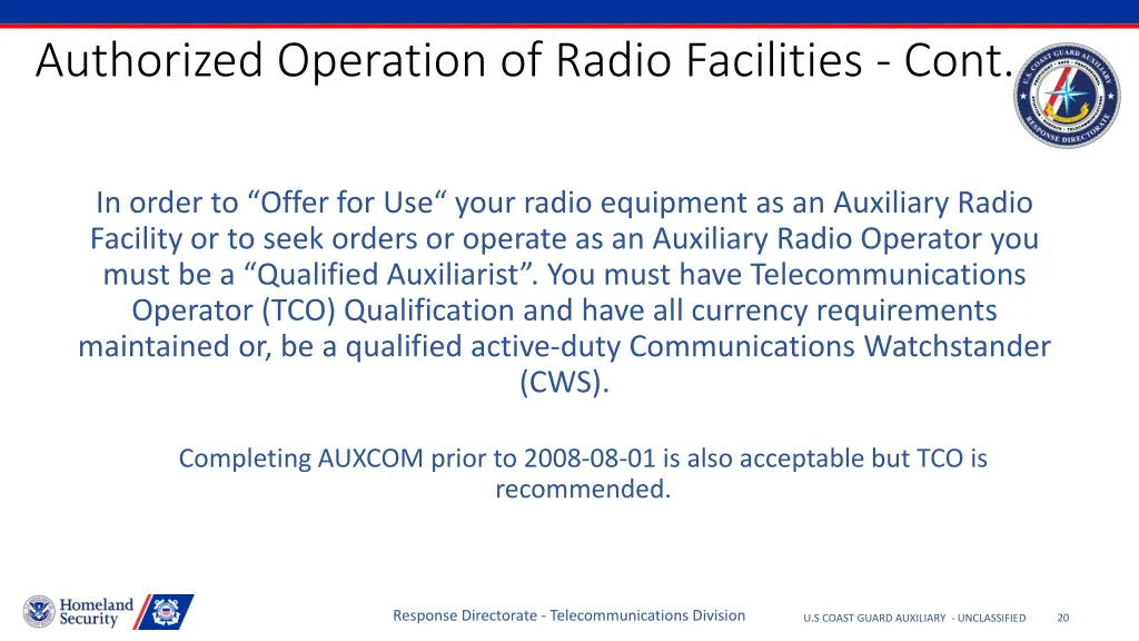 authorized operation of radio facilities cont