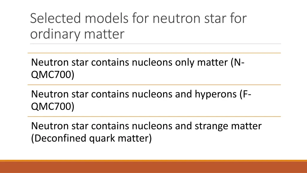 selected models for neutron star for ordinary