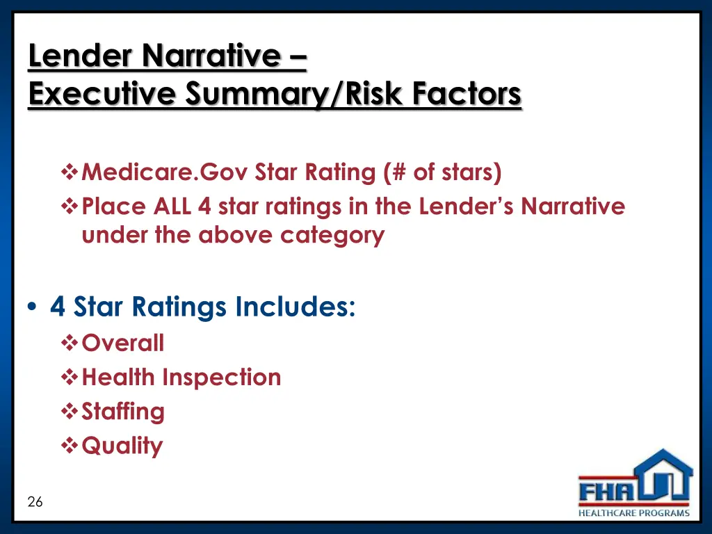 lender narrative executive summary risk factors