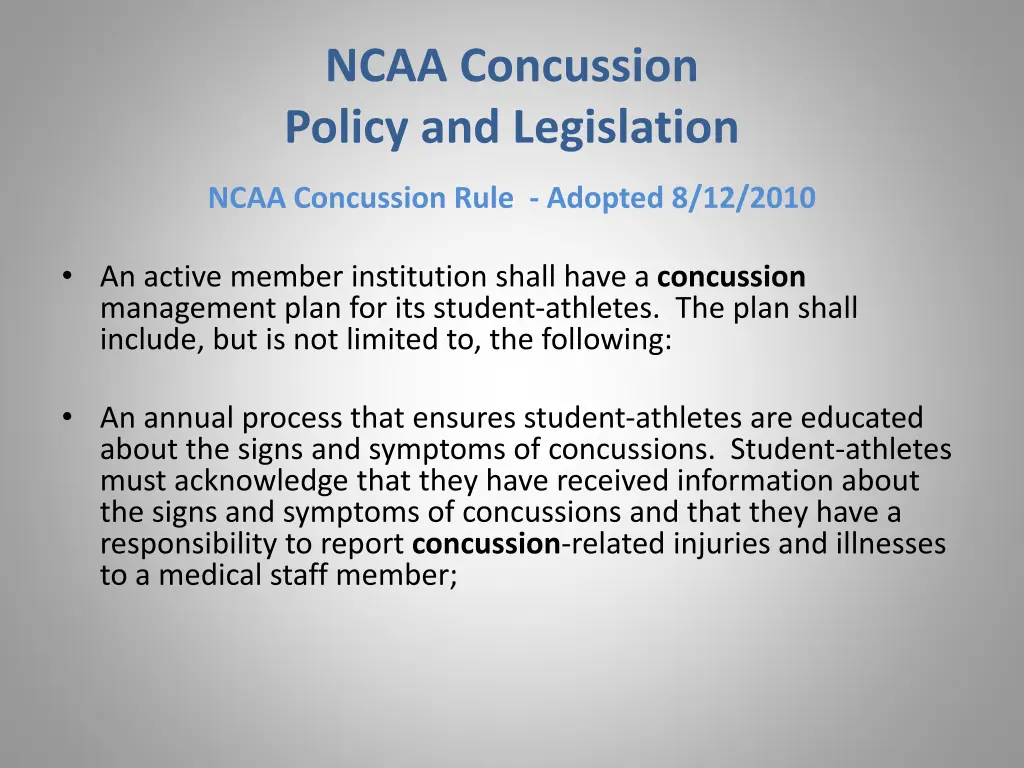 ncaa concussion policy and legislation