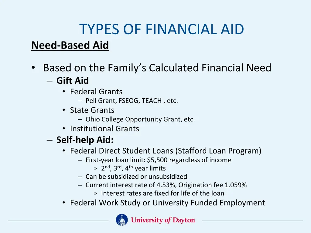 types of financial aid need based aid