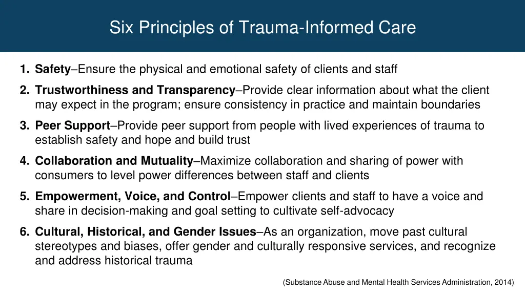 six principles of trauma informed care