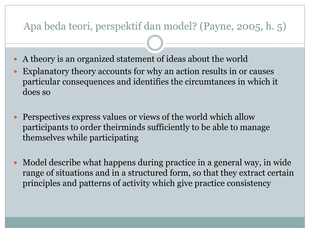 apa beda teori perspektif dan model payne 2005 h 5