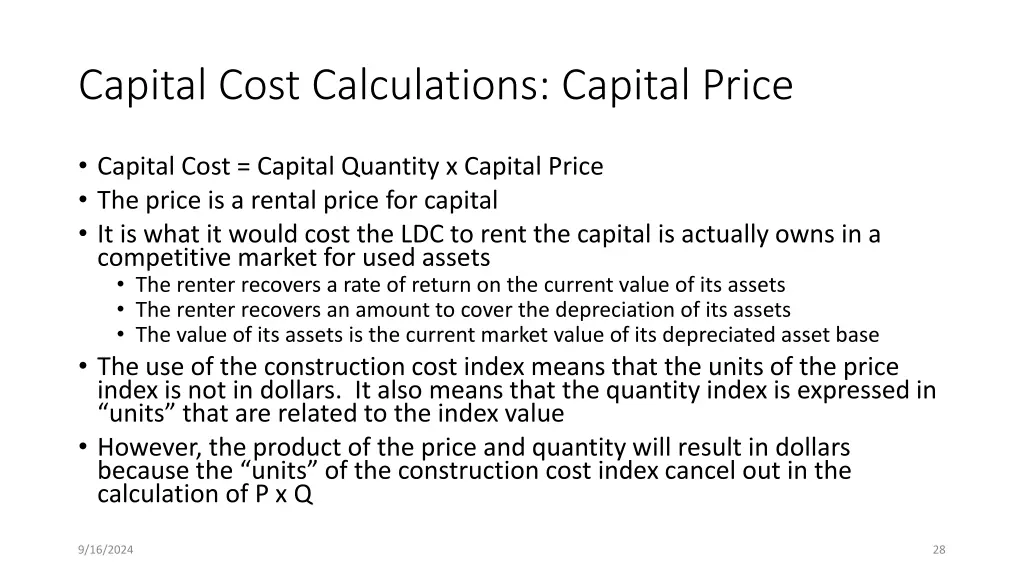 capital cost calculations capital price