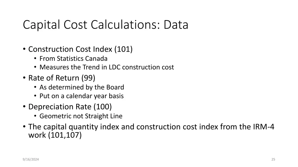 capital cost calculations data