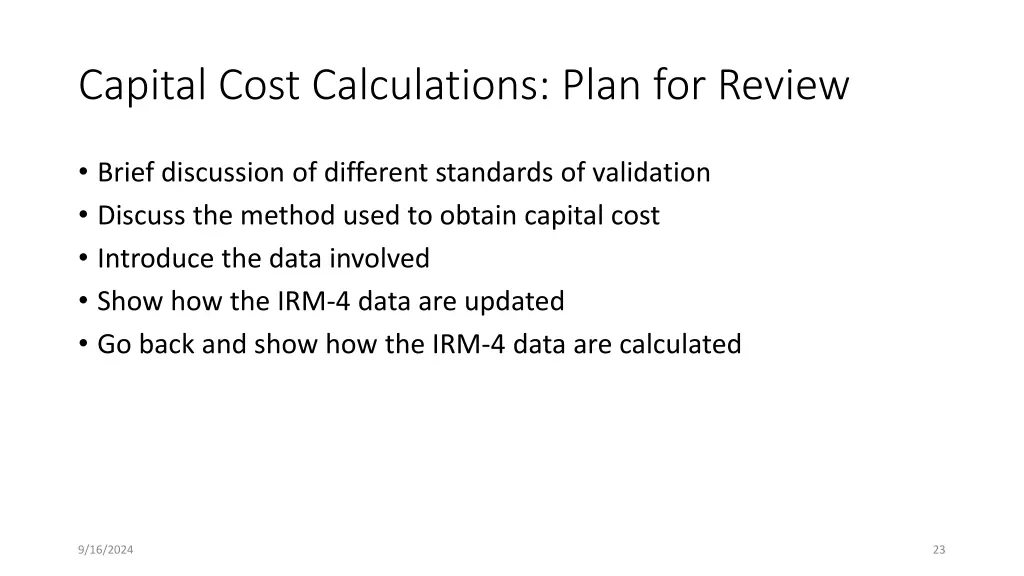 capital cost calculations plan for review