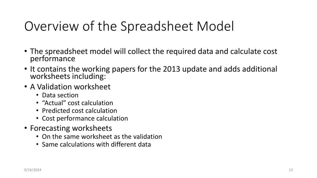 overview of the spreadsheet model