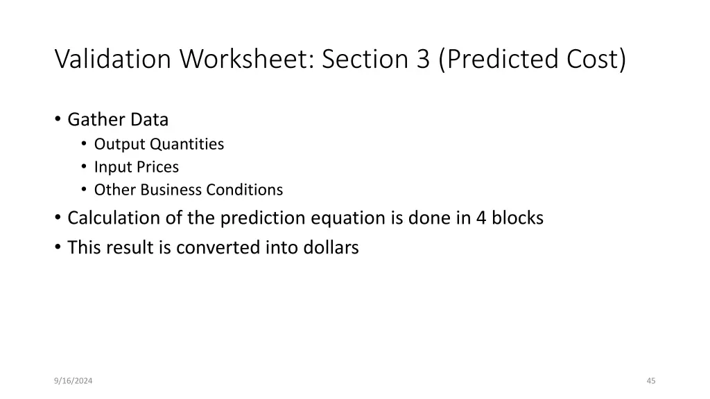 validation worksheet section 3 predicted cost