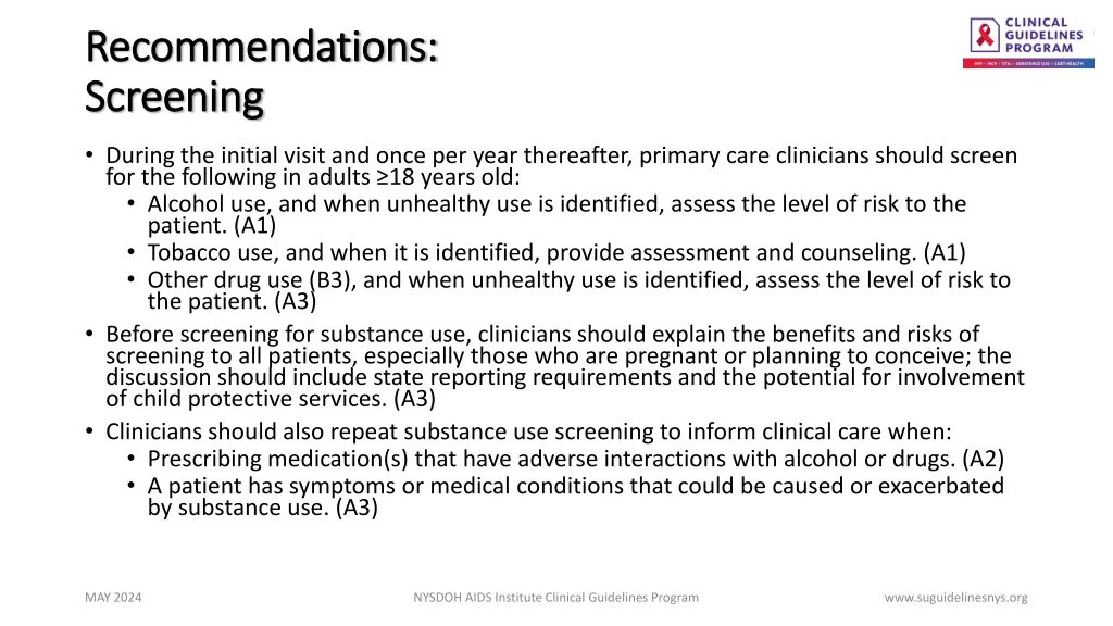 recommendations recommendations screening