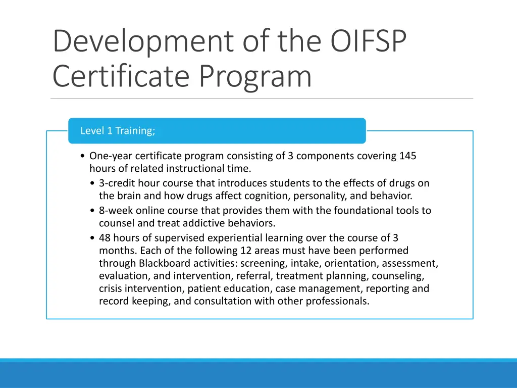 development of the oifsp certificate program