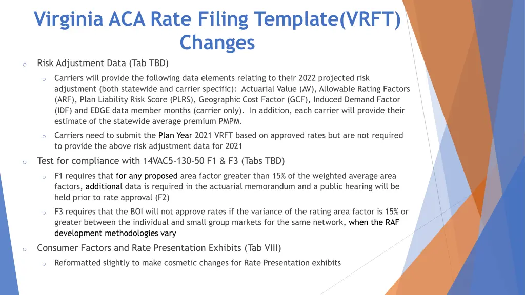 virginia aca rate filing template vrft changes