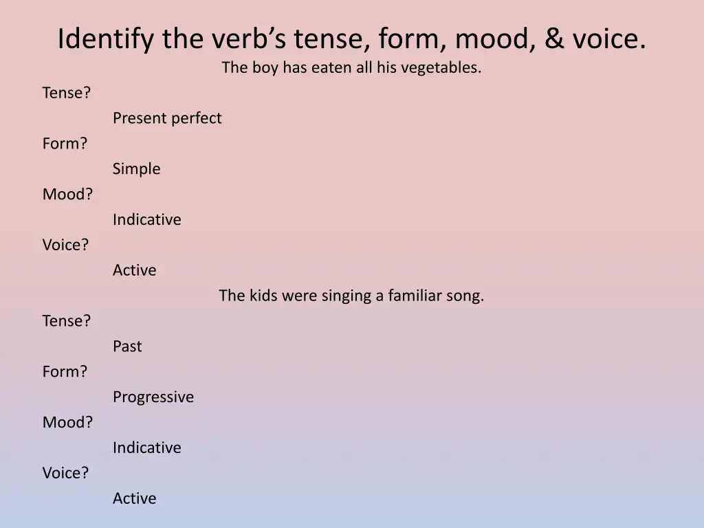 identify the verb s tense form mood voice