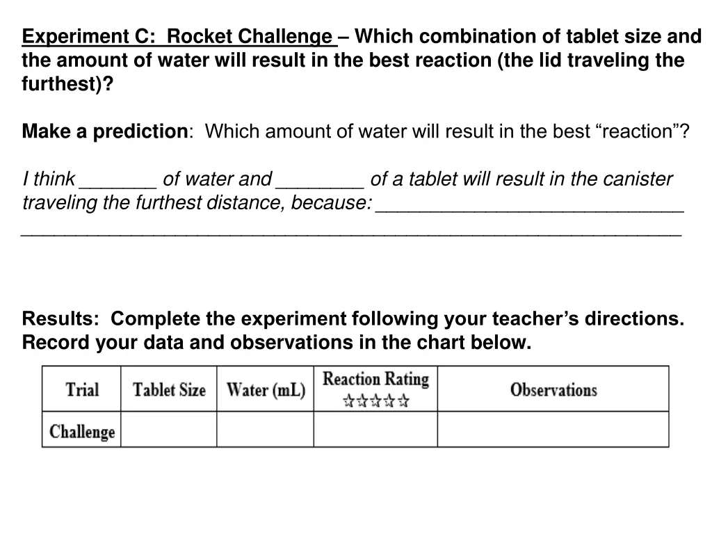 experiment c rocket challenge which combination