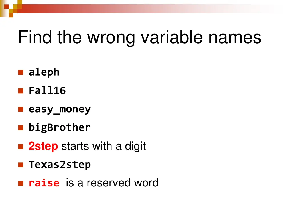 find the wrong variable names