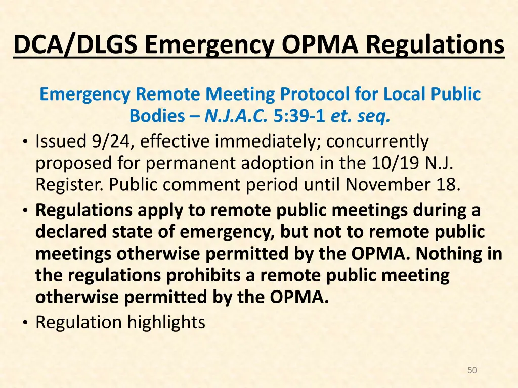 dca dlgs emergency opma regulations