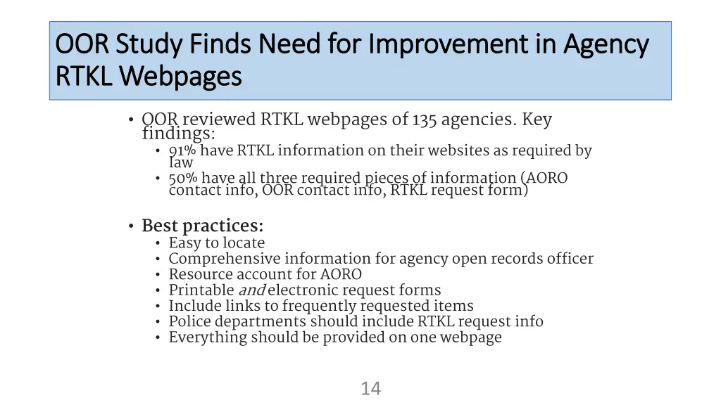 oor study finds need for improvement in agency